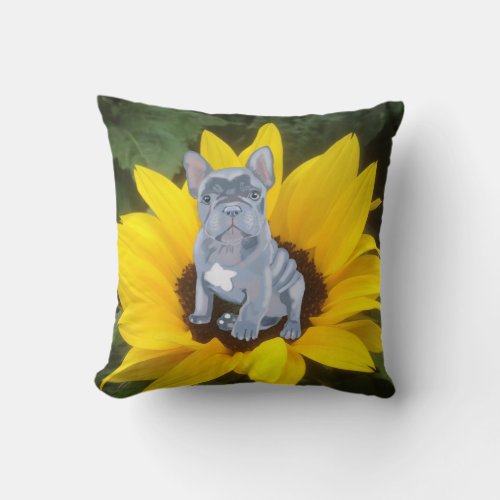 Blue Grey French Bulldog Puppy and Sunflower  Throw Pillow