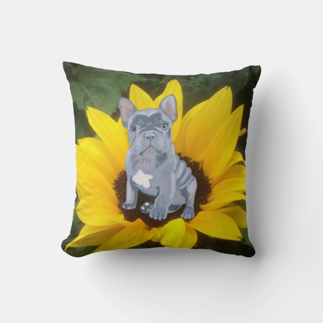Blue Grey French Bulldog Puppy and Sunflower  Throw Pillow (Front)