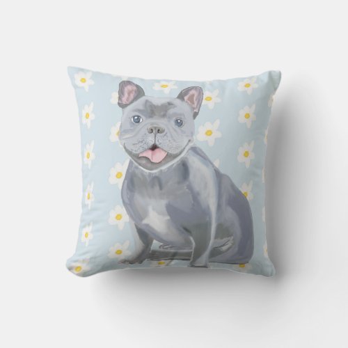 Blue Grey Frenchie Throw Pillow