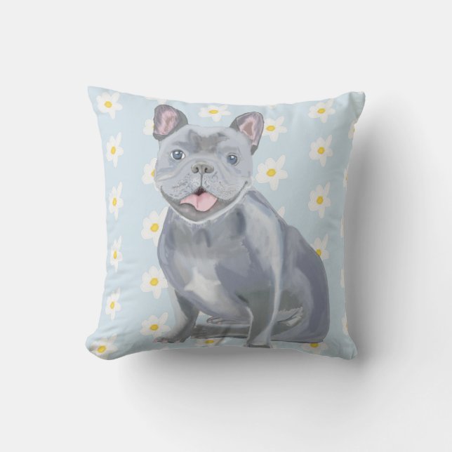 Blue Grey Frenchie Throw Pillow (Front)