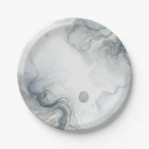 Blue Grey & Gold Beachy Watercolor Beach Wedding Paper Plates