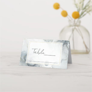 Blue Grey & Gold Beachy Watercolor Beach Wedding Place Card