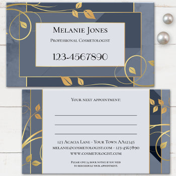 Blue Grey Golden Leaves Appointment Business Card by sunnysites at Zazzle