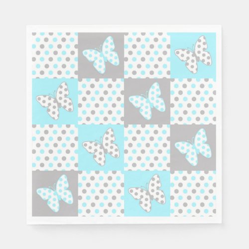 Blue Grey Gray Butterfly Polka Dot Quilt Pattern Paper Napkins