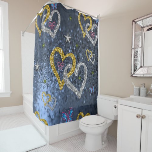 blue grey heart gold silver shower curtain