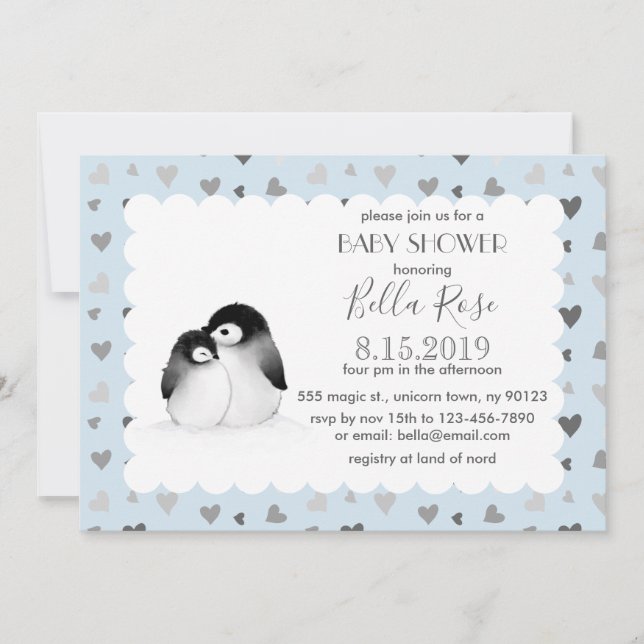 Blue Grey Hearts Penguins Baby Shower Invitations (Front)