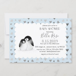 Blue Grey Hearts Penguins Baby Shower Invitations