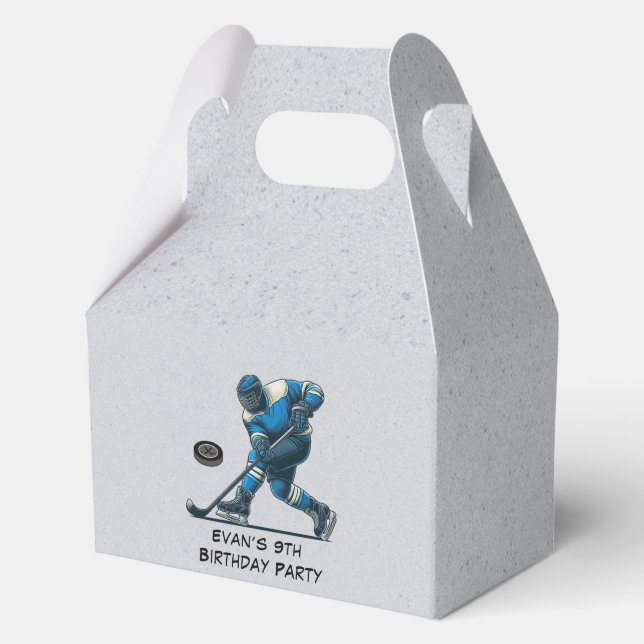 Blue Grey Hockey Player Birthday Party Favor Boxes (Front)