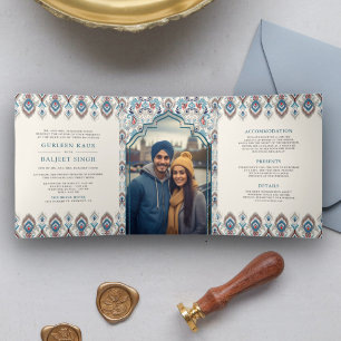 Blue Grey Ikat All in One Anand Karaj Sikh Wedding Tri-Fold Invitation