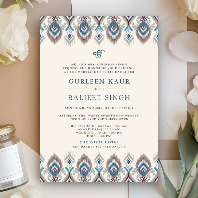 Blue Grey Ikat Anand Karaj Sikh Wedding Invitation (Front)