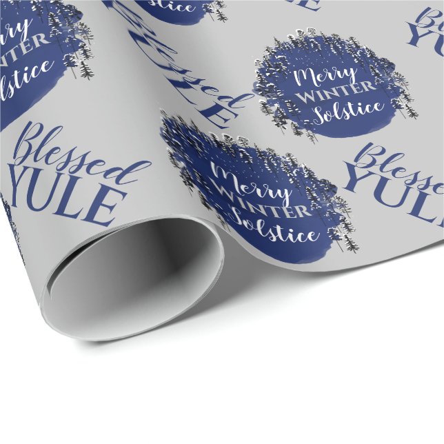 Blue & Grey Merry Winter Solstice Blessed Yule Wrapping Paper (Roll Corner)