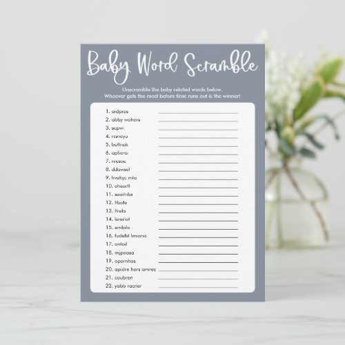 Blue grey modern baby shower word scramble game invitation