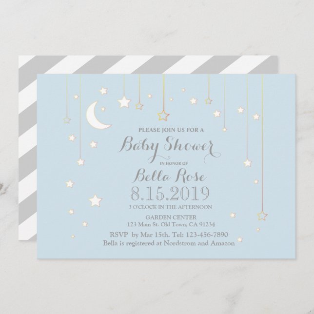 Blue Grey Moon Star Boy Baby Shower Invite (Front/Back)