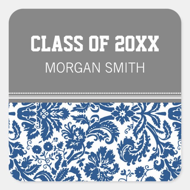 Blue Grey Pattern Graduation Custom Year Name Square Sticker (Front)