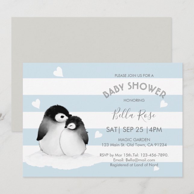 Blue Grey Penguin Baby Shower Invitations (Front/Back)
