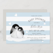 Blue Grey Penguin Baby Shower Invitations