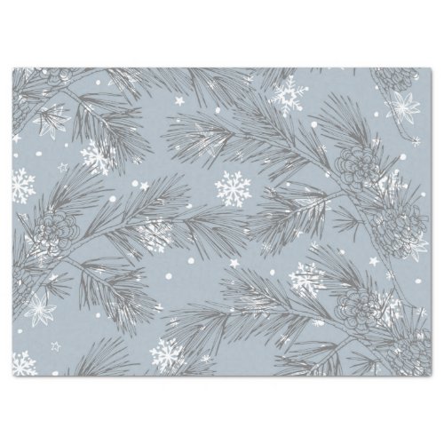 Blue grey pine branch pine cones snowflakes tissue paper