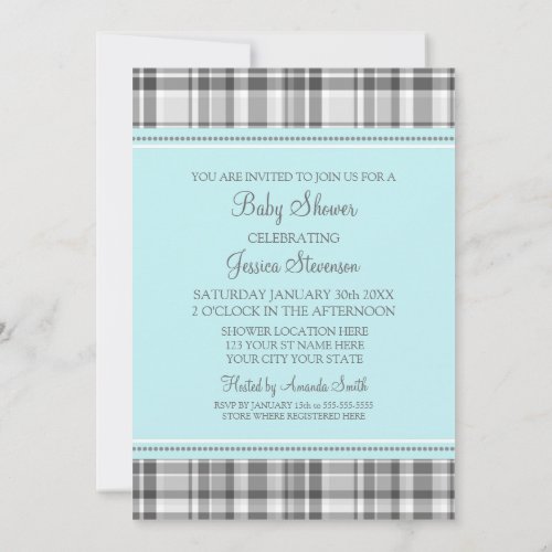 Blue Grey Plaid Custom Baby Shower Invitations