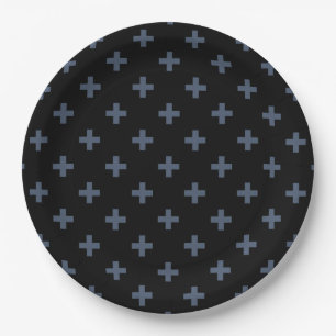 Blue-grey polka crosses on black paper plates