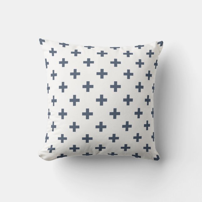 Blue-grey polka crosses on white throw pillow (Front)