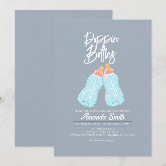 Blue Grey Poppin Bottles Baby Shower Invitation (Front/Back)