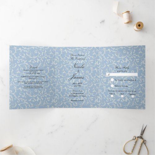 Blue Grey Princess Swirl Elegant Fairytale Wedding Tri_Fold Invitation