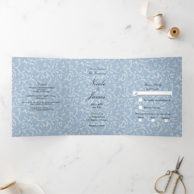 Blue Grey Princess Swirl Elegant Fairytale Wedding Tri-Fold Invitation (Inside)