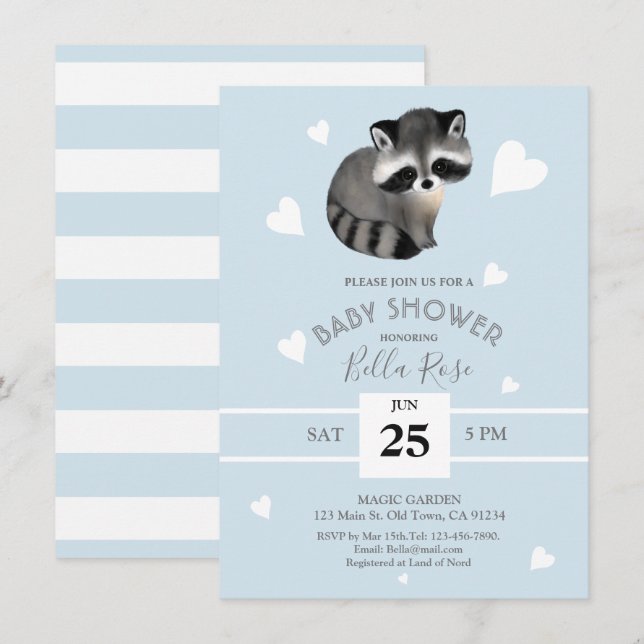 Blue Grey Raccoon Baby Shower Invitations (Front/Back)