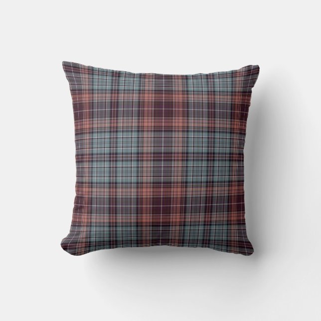 Blue Grey Red Tartan Plaid Throw Pillow (Front)