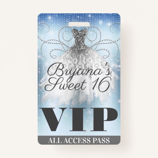 Blue Grey Silver Sparkle Dress Sweet 16 VIP Pass Badge Zazzle