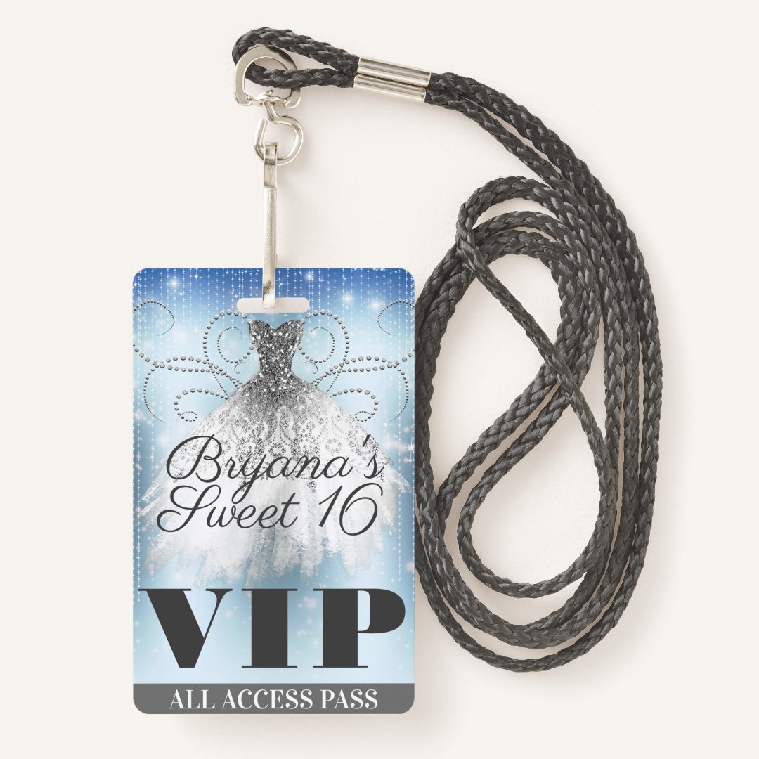 Blue Grey Silver Sparkle Dress Sweet 16 VIP Pass Badge Zazzle