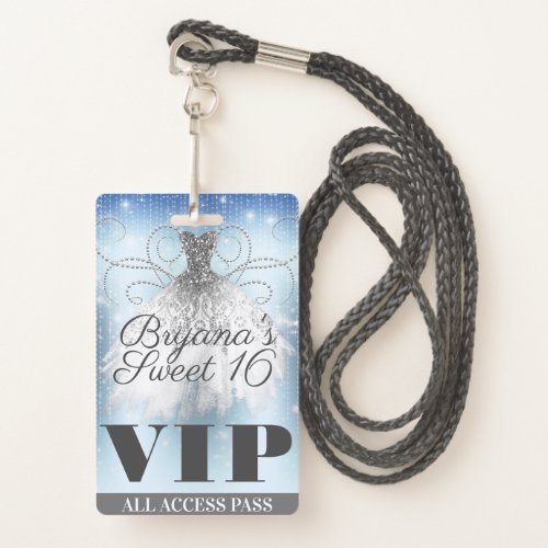 Blue Grey Silver Sparkle Dress Sweet 16 VIP Pass Badge