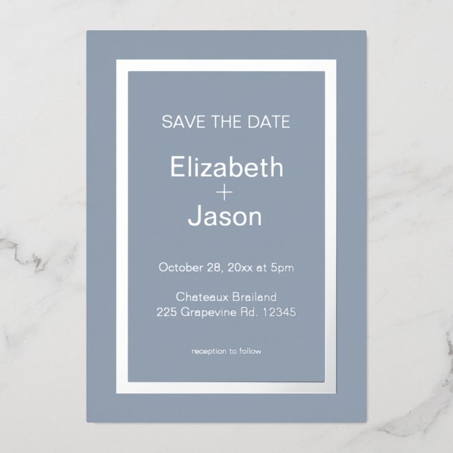 Blue Grey Simple Wedding Save The Date Silver  Foil Invitation (Front)