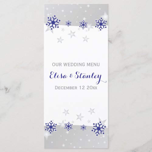 Blue grey snowflakes modern winter wedding menu