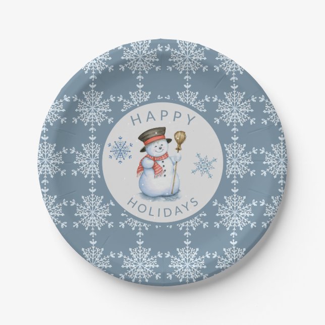 Blue Grey Snowflakes Snowman Holiday Party Paper Plates (Front)
