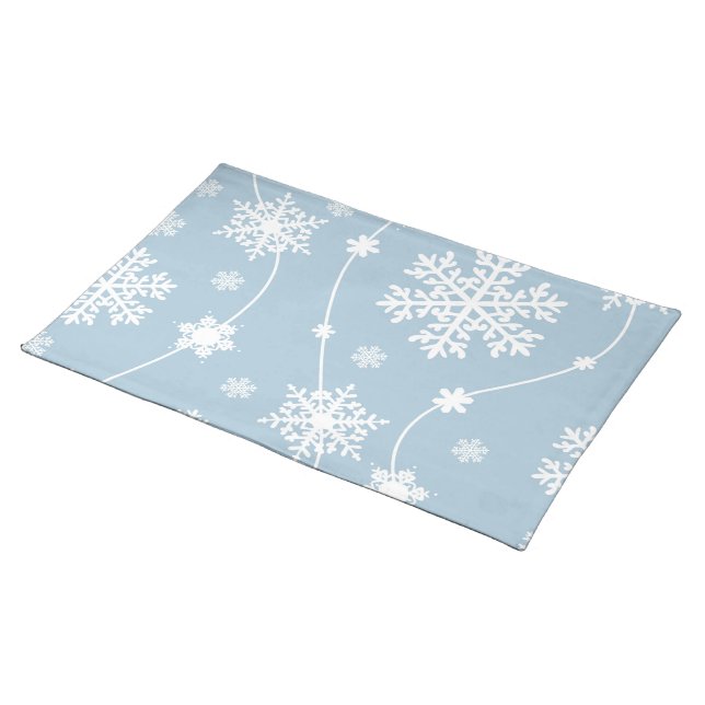 Blue Grey Snowflakes Winter Wonderland Holiday Cloth Placemat (On Table)