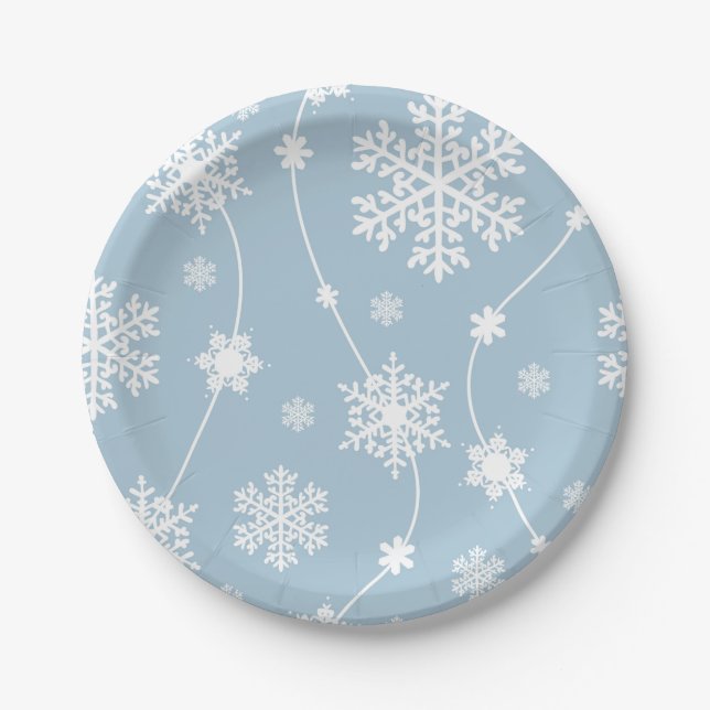 Blue Grey Snowflakes Winter Wonderland Holiday Paper Plates (Front)