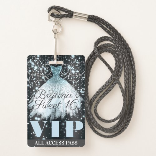 Blue Grey Sparkle Dress Sweet 16 VIP Pass Badge