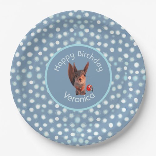 Blue Grey Squirrel Birthday Paper Plate with Dots