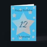 Blue Grey Stars 12th Birthday Card<br><div class="desc">Grey watercolor stars happy 12th birthday card for son, grandson, godson and more. The front features watercolor grey stars and a place for you to personalize with the birthday recipient's name. The inside card message can be easily personalized and the back with the year. This would make a great personalized...</div>