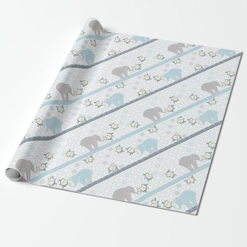 Blue  Grey Stripe Elephant Safari  Baby Shower Wrapping Paper