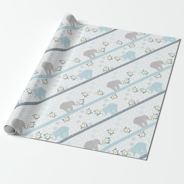 Blue & Grey Stripe Elephant Safari | Baby Shower Wrapping Paper (Unrolled)