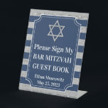 Blue, Grey Striped Bar Mitzvah Sign<br><div class="desc">This navy blue and grey striped Bar Mitzvah sign has a ticket-shaped text area that is trimmed in white, along with white lettering that says, "Please Sign My BAR MITZVAH GUEST BOOK" on it and the name of the Bar Mitzvah and the date at the bottom. There is also a...</div>