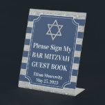 Blue, Grey Striped Bar Mitzvah Sign<br><div class="desc">This navy blue and grey striped Bar Mitzvah sign has a ticket-shaped text area that is trimmed in white, along with white lettering that says, "Please Sign My BAR MITZVAH GUEST BOOK" on it and the name of the Bar Mitzvah and the date at the bottom. There is also a...</div>