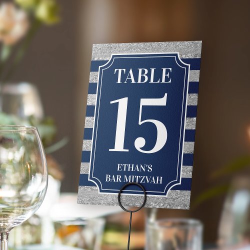 Blue Grey Striped Bar Mitzvah Table Number