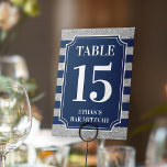 Blue, Grey Striped Bar Mitzvah Table Number<br><div class="desc">This navy blue and grey striped Bar Mitzvah table number card has a ticket-shaped text area that is trimmed in white, along with white lettering with the name of the Bar Mitzvah at the bottom, below the table number. This table number card is reversible so you can stand it in...</div>