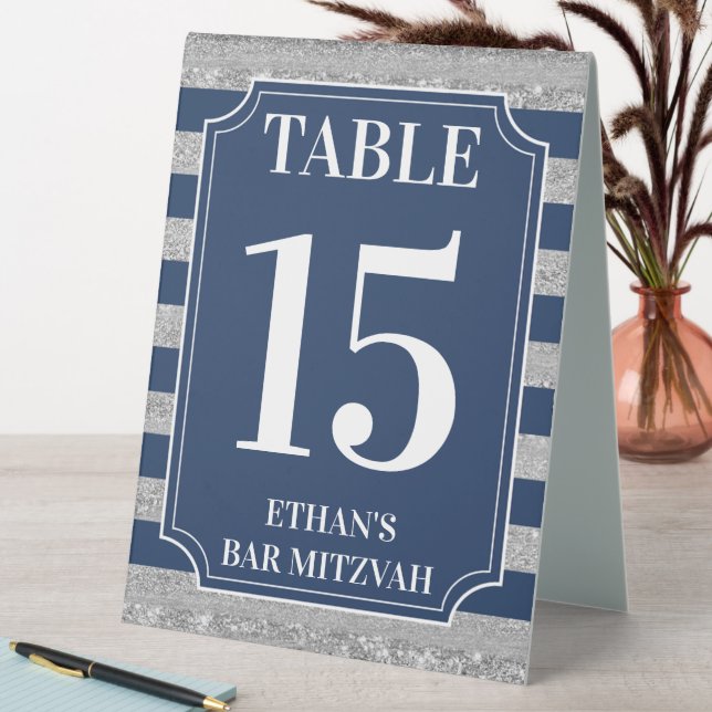Blue, Grey Striped Bar Mitzvah Table Number Tent (In SItu (Table))