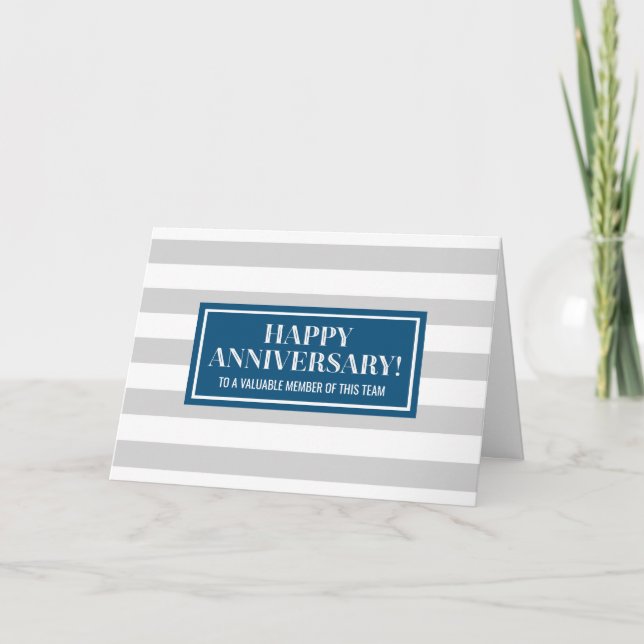 Blue Grey Stripes Employee Anniversary Card (Front)