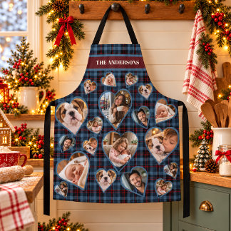 Blue Grey Tartan Plaid Family Photo Collage Name Apron