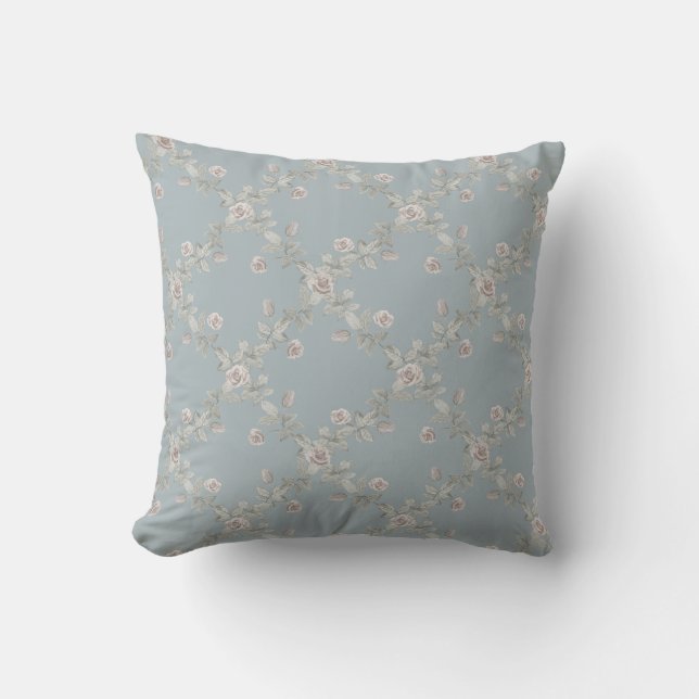 Blue Grey Taupe Rose Sage Trellis Pattern Throw Pillow (Front)